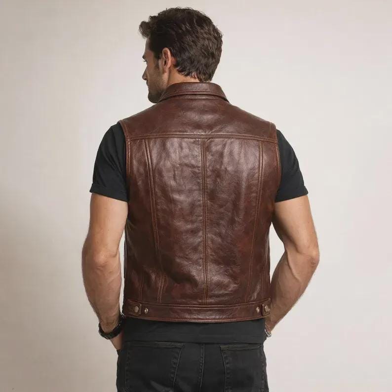 Men's Brown Leather Vest Motorcycle Biker Snap Button Slim Fit Casual Waistcoat Vest