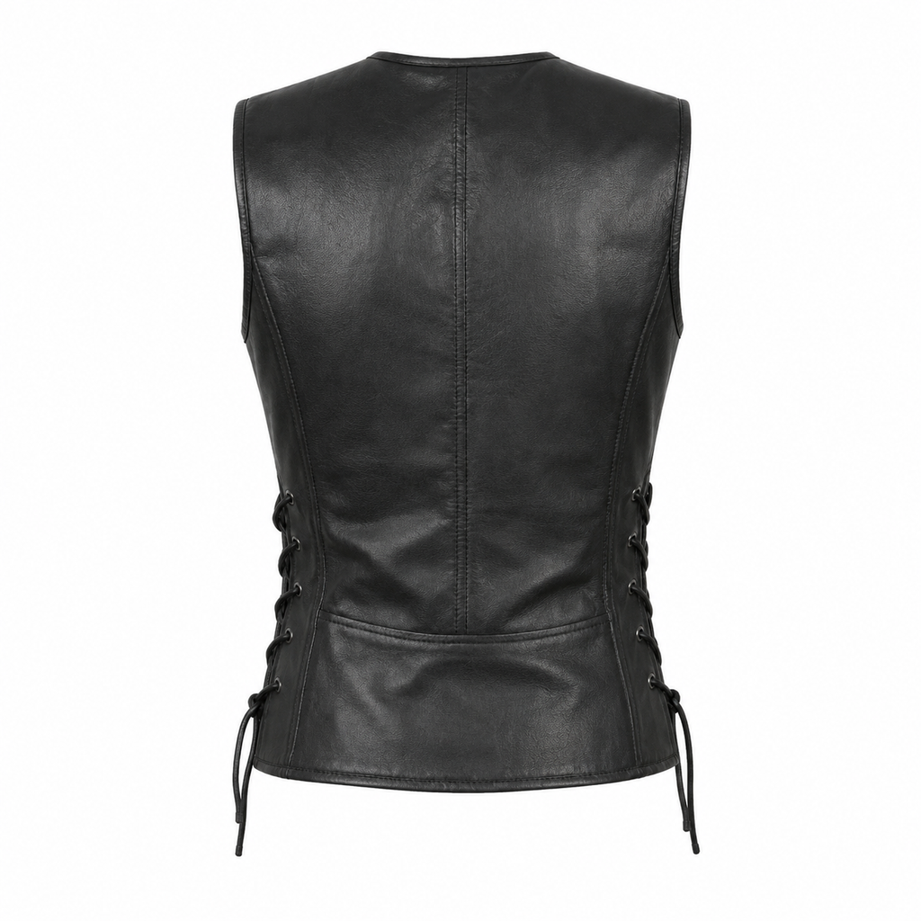Women’s Black Genuine Leather Biker Vest, Lace Up Sides Slim Fit Vest