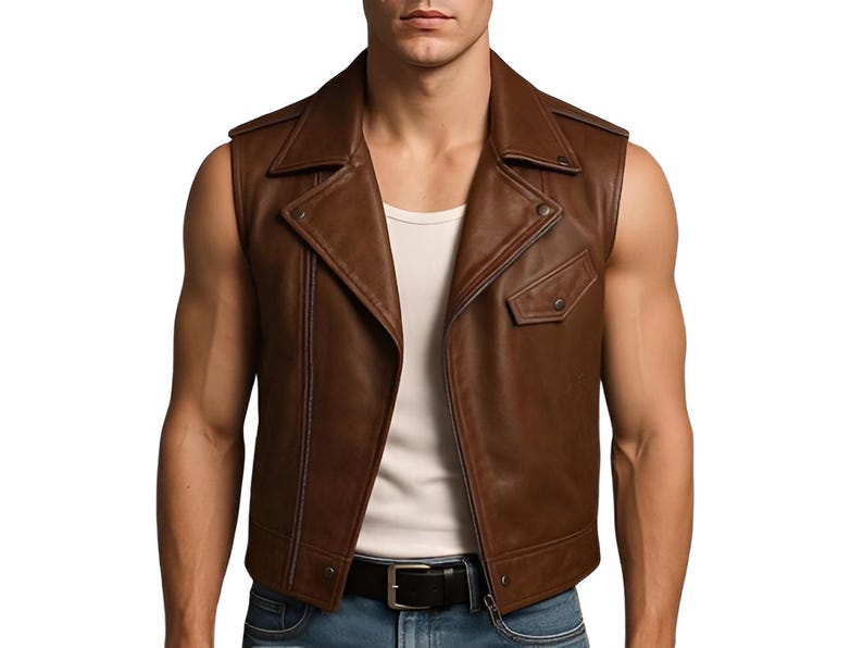 Men's Brown Genuine Leather Biker Vest - Handmade Sleeveless Motorcycle Jacket Vest