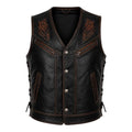 Mens Embroidered Genuine Leather Biker Vest Black Lace Up Western Riding Vest
