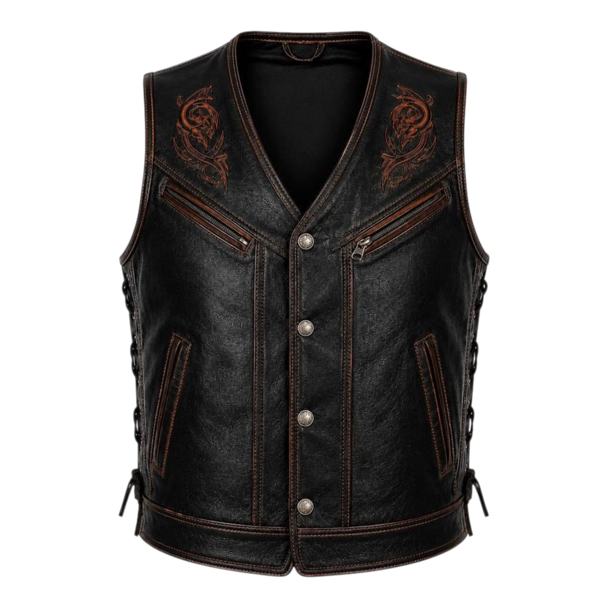 Mens Embroidered Genuine Leather Biker Vest Black Lace Up Western Riding Vest
