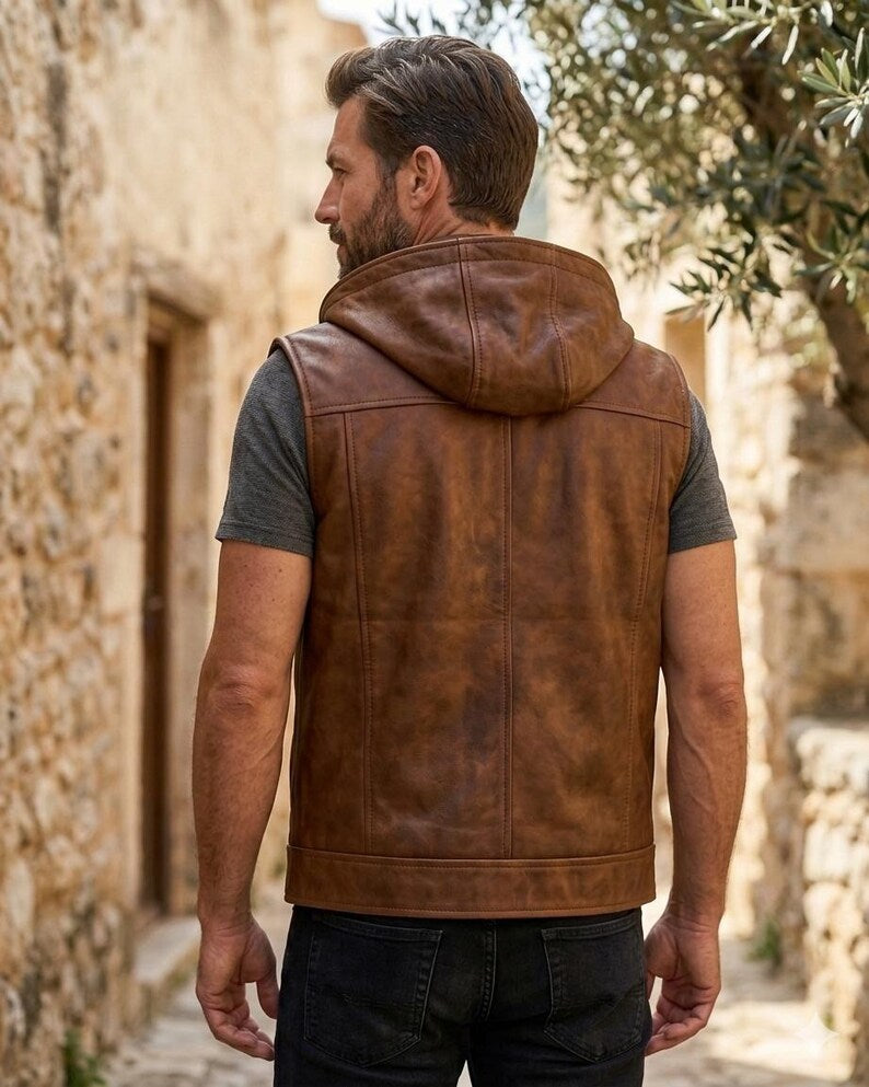 Men's Brown Leather Vest Hooded Casual Streetwear Slim Fit Button Front Sleeveless Vest