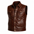 Men's Brown Leather Vest Motorcycle Biker Snap Button Slim Fit Casual Waistcoat Vest