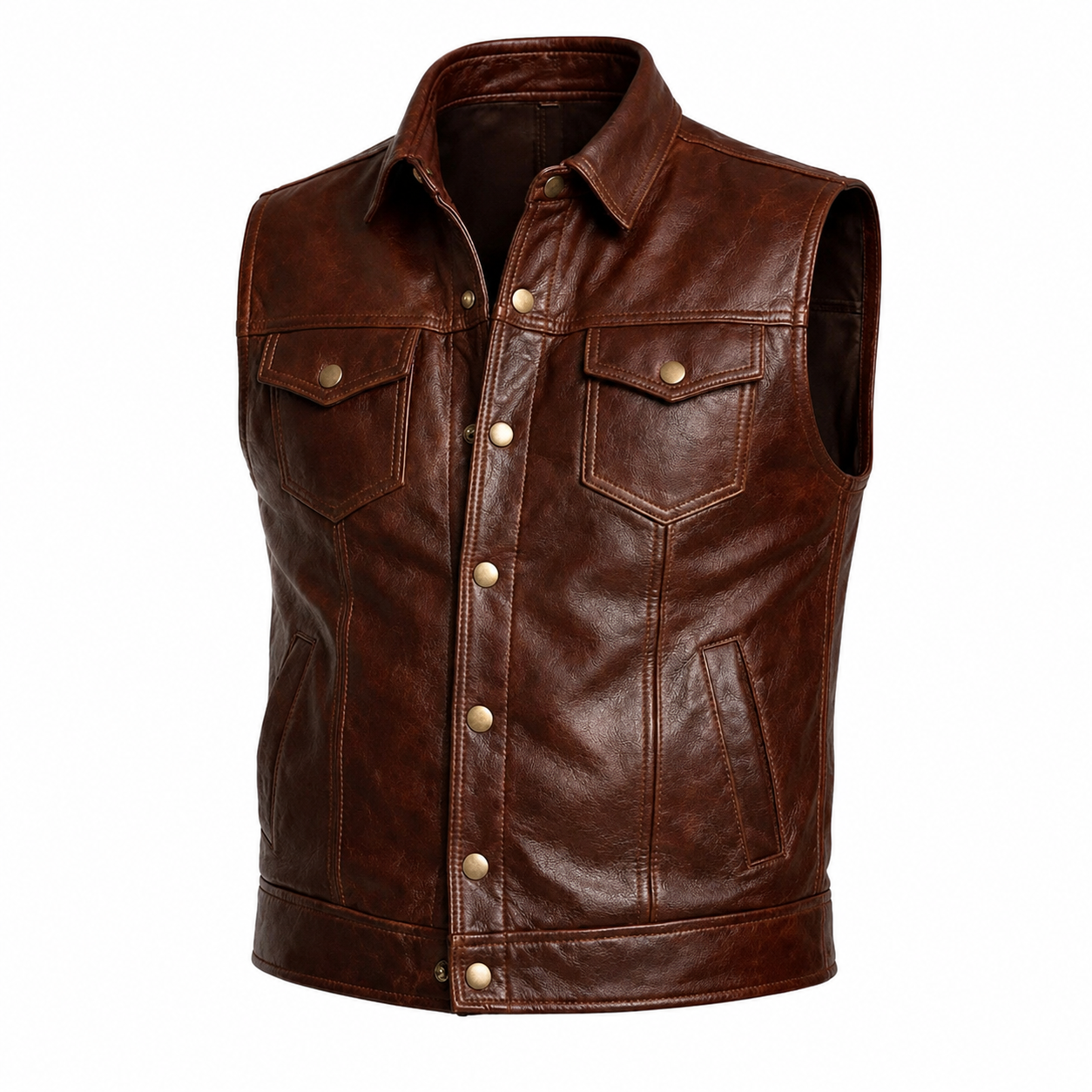 Men's Brown Leather Vest Motorcycle Biker Snap Button Slim Fit Casual Waistcoat Vest