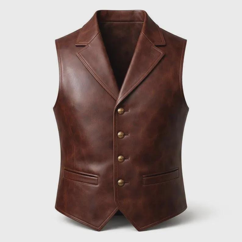 Handmade Men's Brown Real Leather Vest Classic Formal Vintage Style Slim Fit Vest