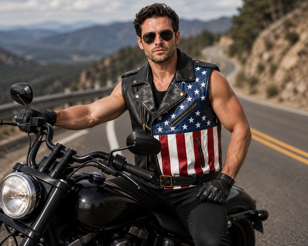 Men Genuine Leather USA Flag Vest Biker Motorcycle Belted Vest