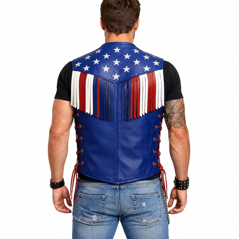 Men USA Flag Blue Leather Fringe Vest Laced Biker Motorcycle Vest