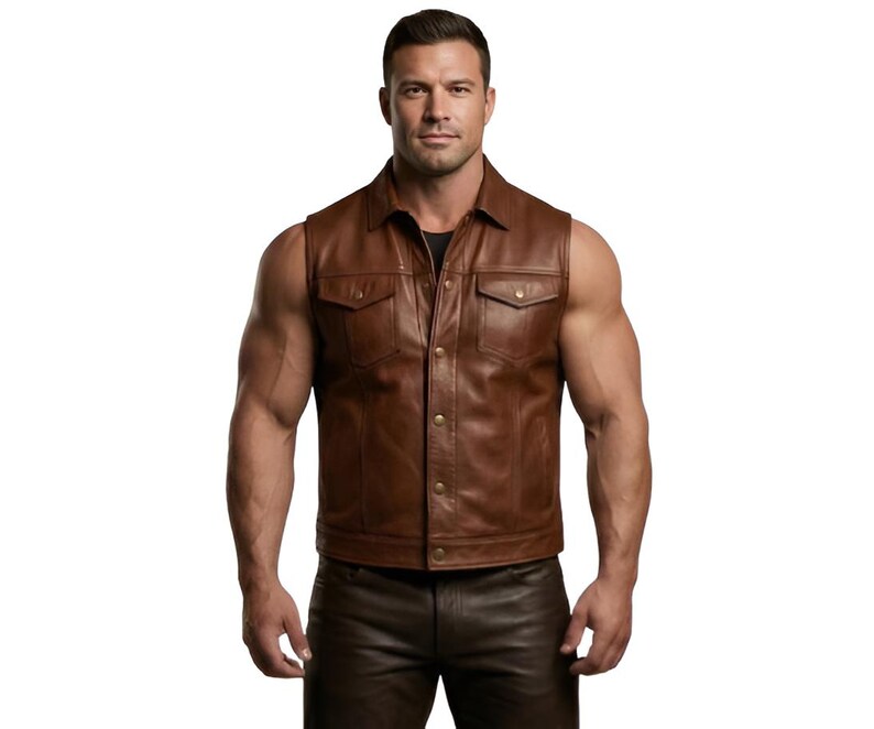Men's Brown Leather Biker Vest - Handmade Trucker Style Moto Vest