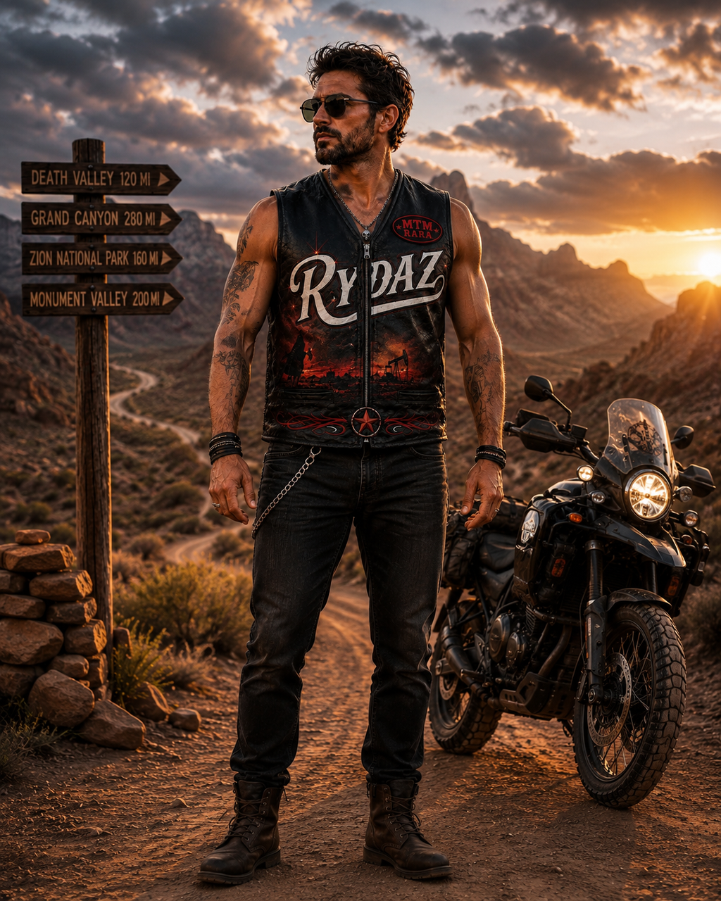 Men's Genuine Leather Biker Vest Black Western Digital Print Motorcycle Vest