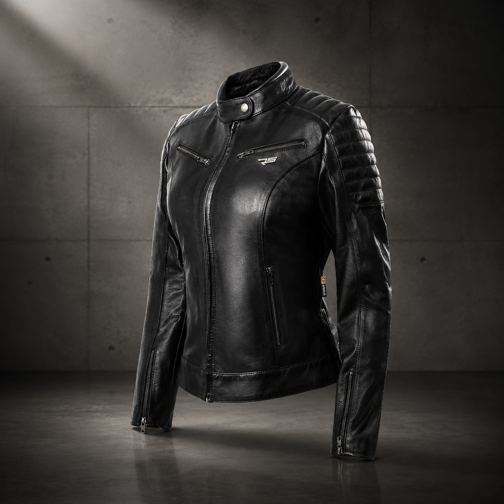 ALICE Women Leather Cafe Racer Jacket Vintage Padded Shoulder Biker Armor Coat