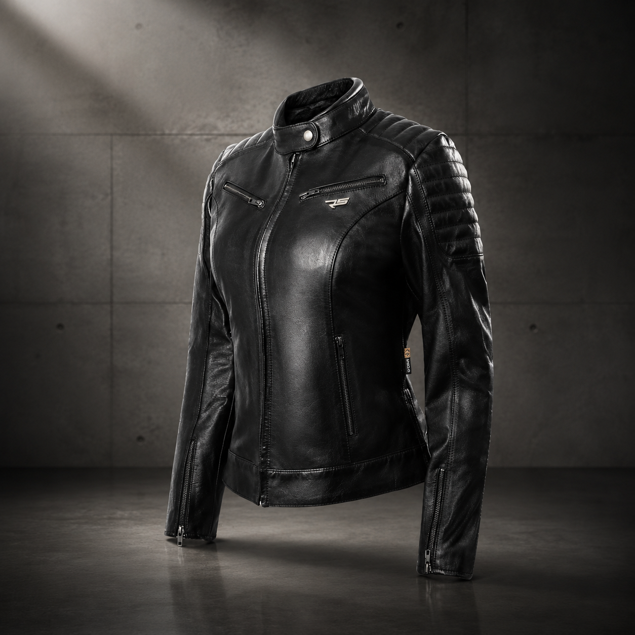 ALICE Women Leather Cafe Racer Jacket Vintage Padded Shoulder Biker Armor Coat