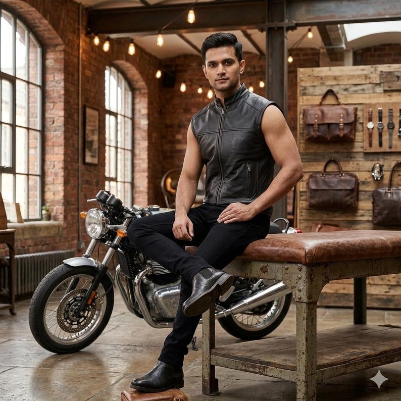 Handmade Men's Black Leather Vest Zipper Stand Collar Slim Fit Sleeveless Casual Fashion Vest