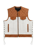 Men Leather Denim Motorcycle Vest Diamond Quilted White Brown Biker Riding Vest