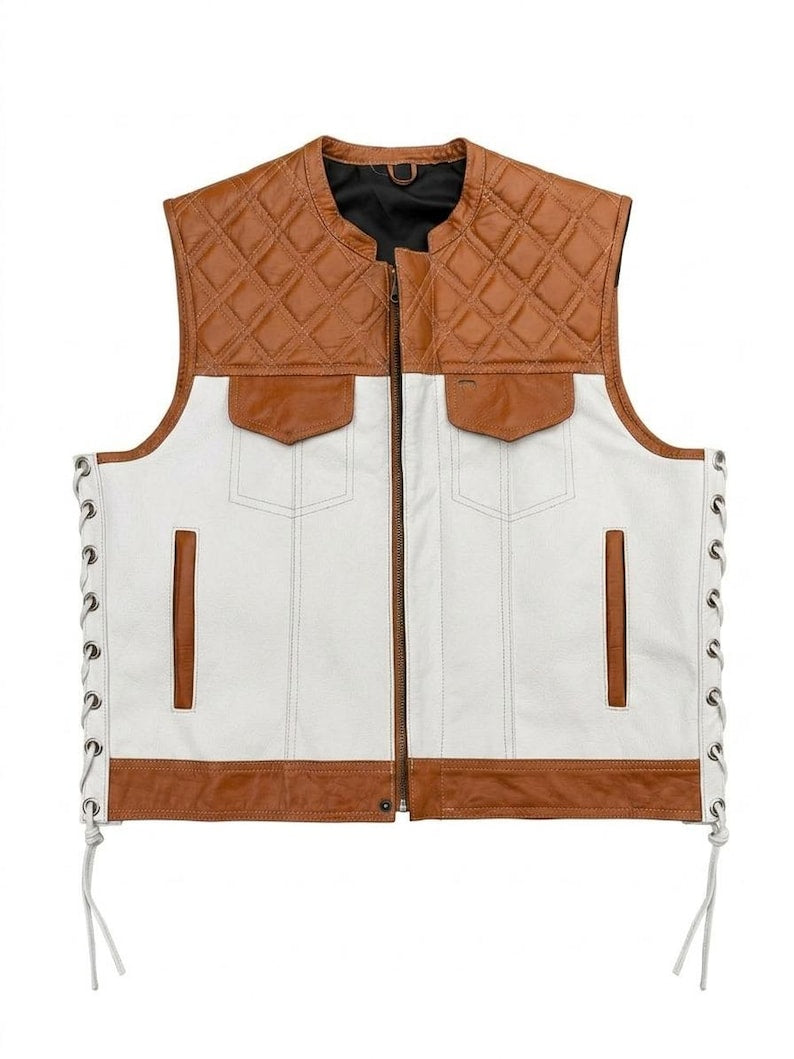 Men Leather Denim Motorcycle Vest Diamond Quilted White Brown Biker Riding Vest
