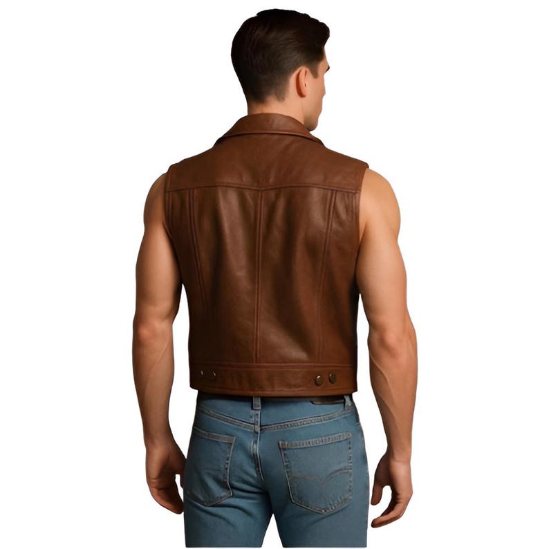 Men's Brown Genuine Leather Biker Vest - Handmade Sleeveless Motorcycle Jacket Vest