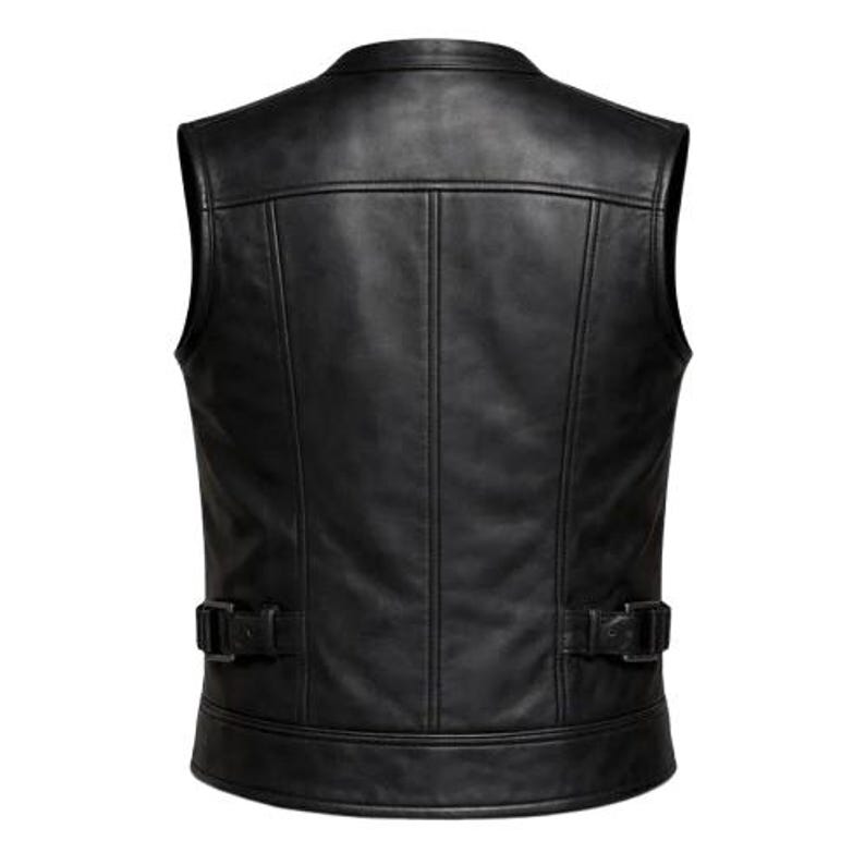 Men's Black Leather Vest Motorcycle Biker Snap Button Utility Slim Fit Sleeveless Vest