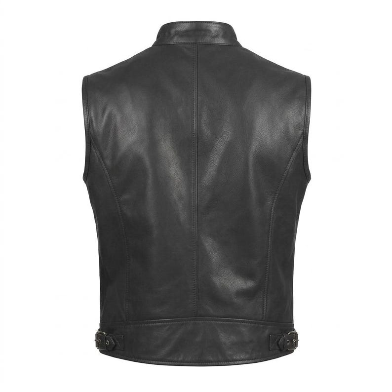 Handmade Men's Black Leather Vest Zipper Stand Collar Slim Fit Sleeveless Casual Fashion Vest