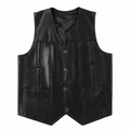 Men's Black Leather Vest Motorcycle Biker Snap Front Classic Slim Fit Sleeveless Waistcoat Vest
