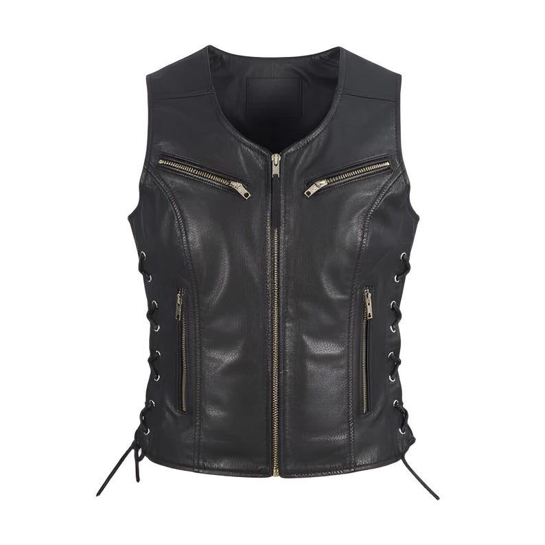 Women’s Black Genuine Leather Biker Vest, Lace Up Sides Slim Fit Vest