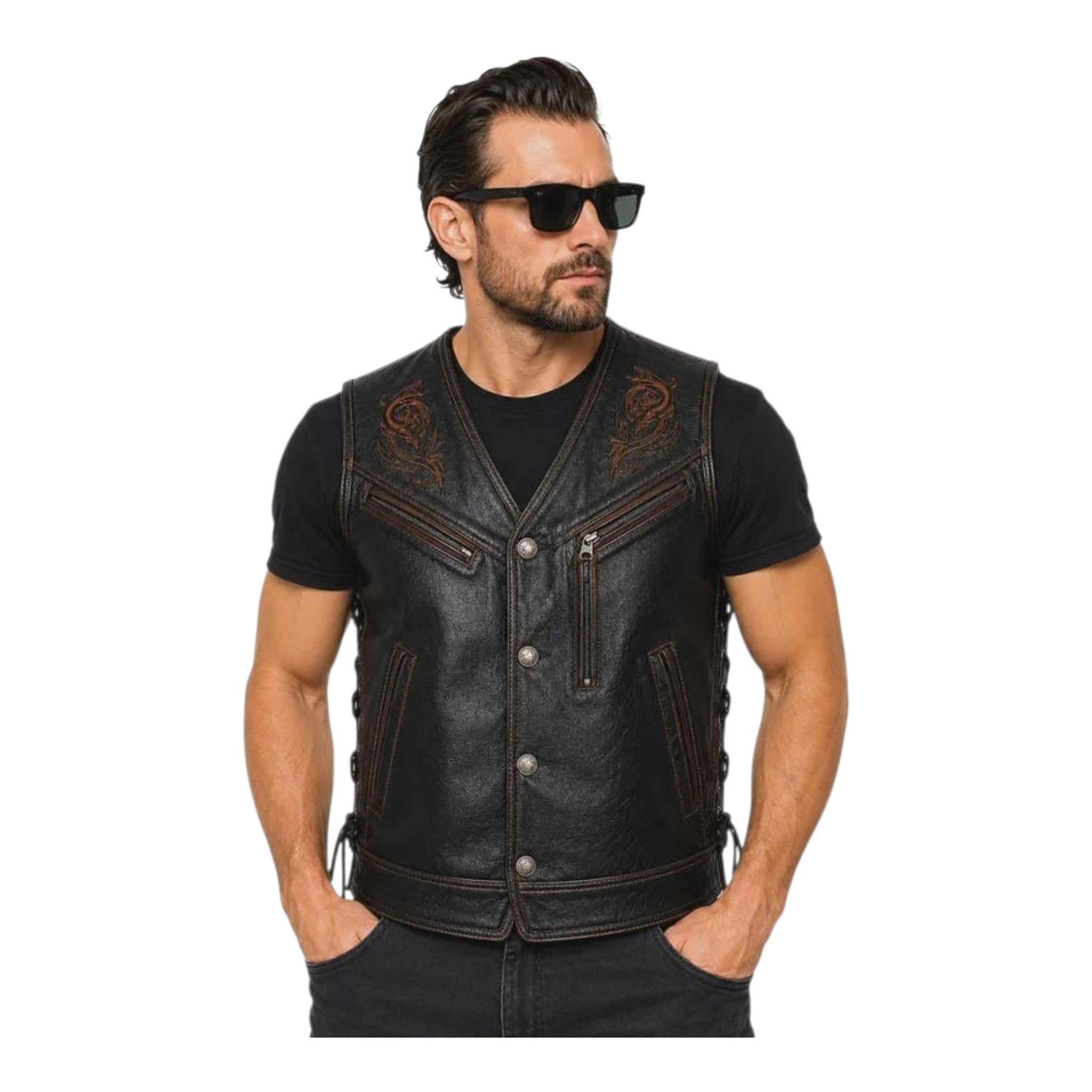 Mens Embroidered Genuine Leather Biker Vest Black Lace Up Western Riding Vest