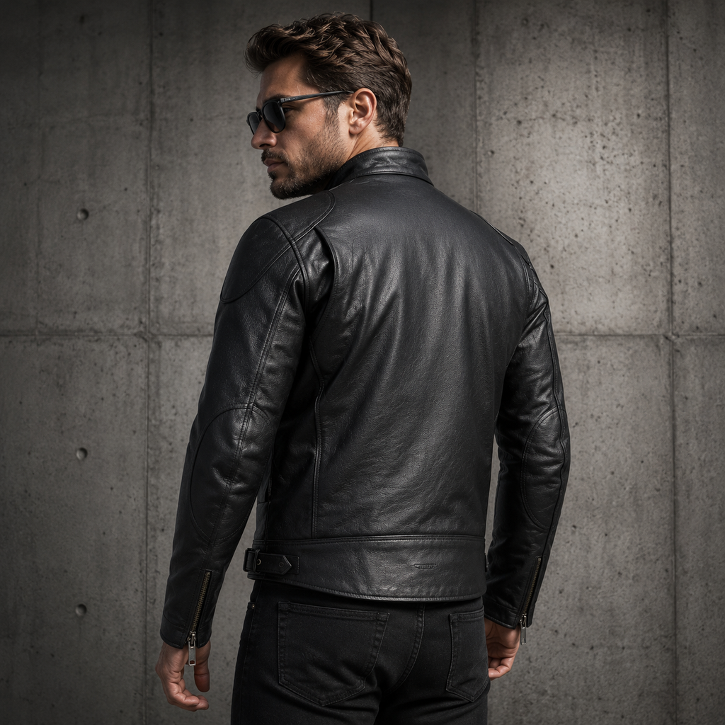 Mens Cafe Racer Leather Jacket Vintage Padded Shoulder Biker Outerwear Jacket