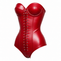 Women's Black Real Leather Corset Bodysuit Strapless Lace Up Bustier Gothic Top