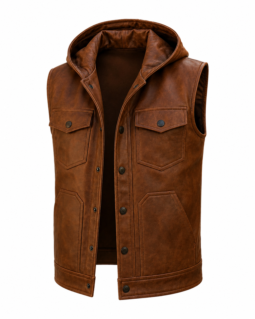 Men's Brown Leather Vest Hooded Casual Streetwear Slim Fit Button Front Sleeveless Vest