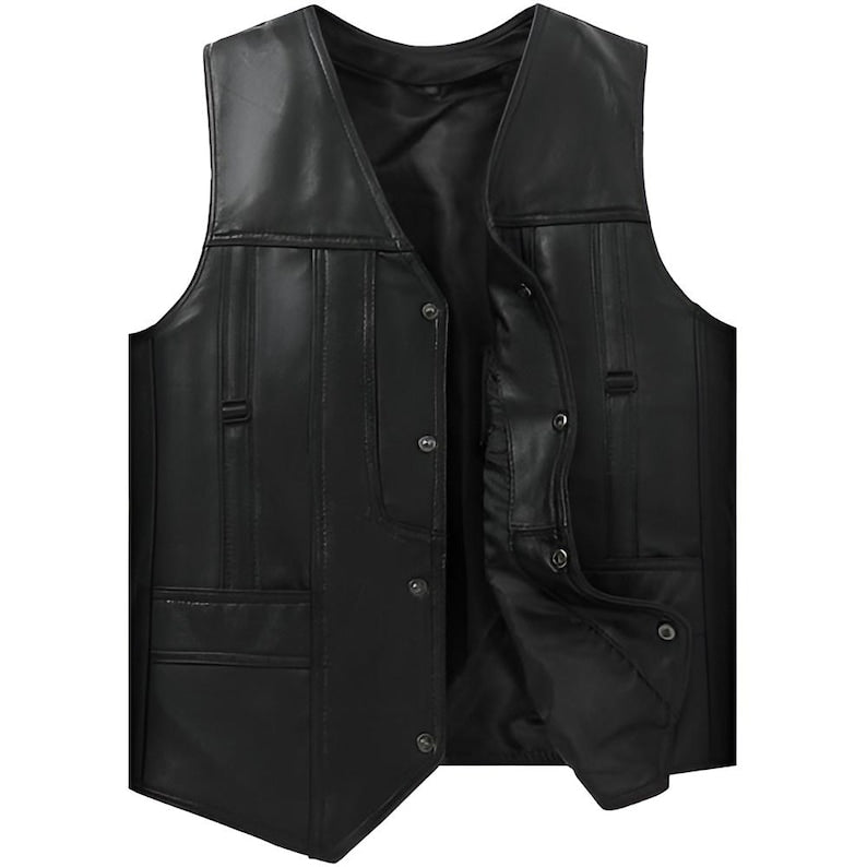 Men's Black Leather Vest Motorcycle Biker Snap Front Classic Slim Fit Sleeveless Waistcoat Vest