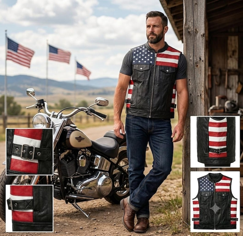 Men's Genuine Leather USA Flag Vest Motorcycle Biker Sleeveless Riding Vest