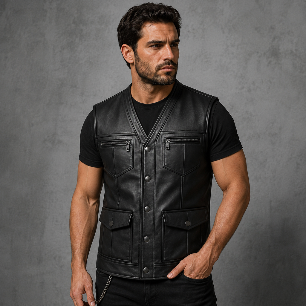 Men's Black Leather Vest Motorcycle Biker Snap Button Utility Slim Fit Sleeveless Vest