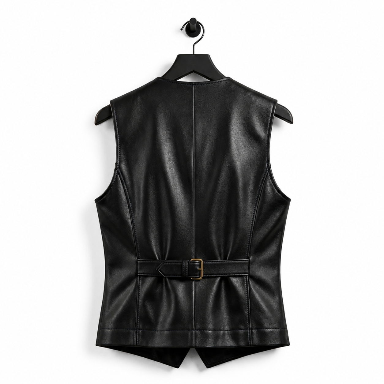 Women’s Black Genuine Leather Vest Button Front Slim Fit Sleeveless Classic Vest