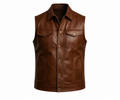 Men's Brown Leather Biker Vest - Handmade Trucker Style Moto Vest
