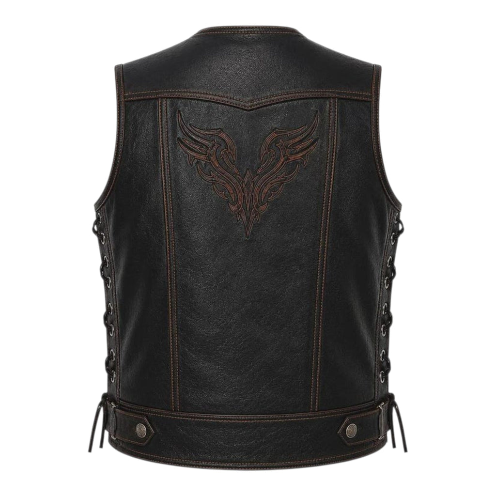 Mens Embroidered Genuine Leather Biker Vest Black Lace Up Western Riding Vest