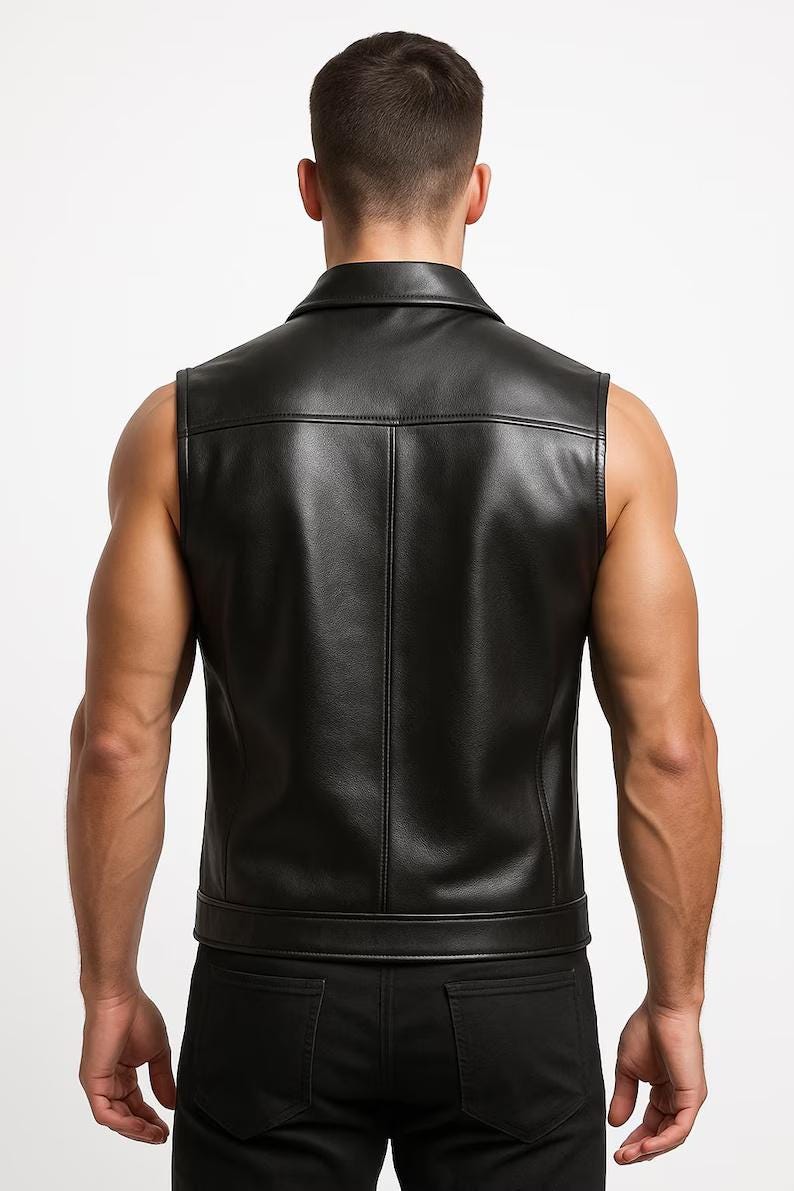 Men's Black Real Leather Vest Motorcycle Biker Zipper Slim Fit Sleeveless Vest