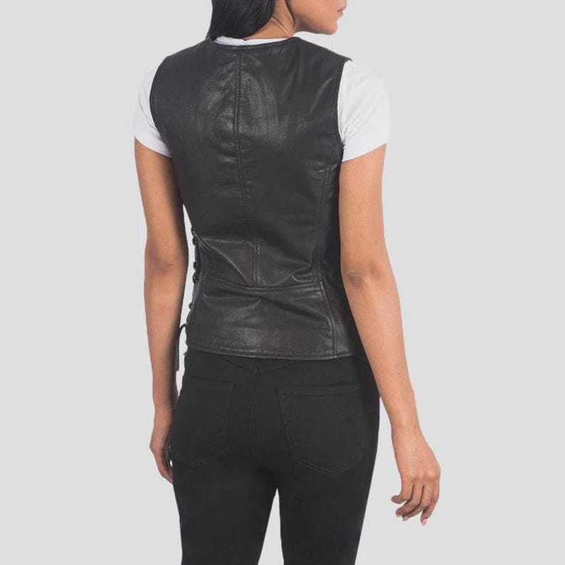 Women’s Black Genuine Leather Biker Vest, Lace Up Sides Slim Fit Vest