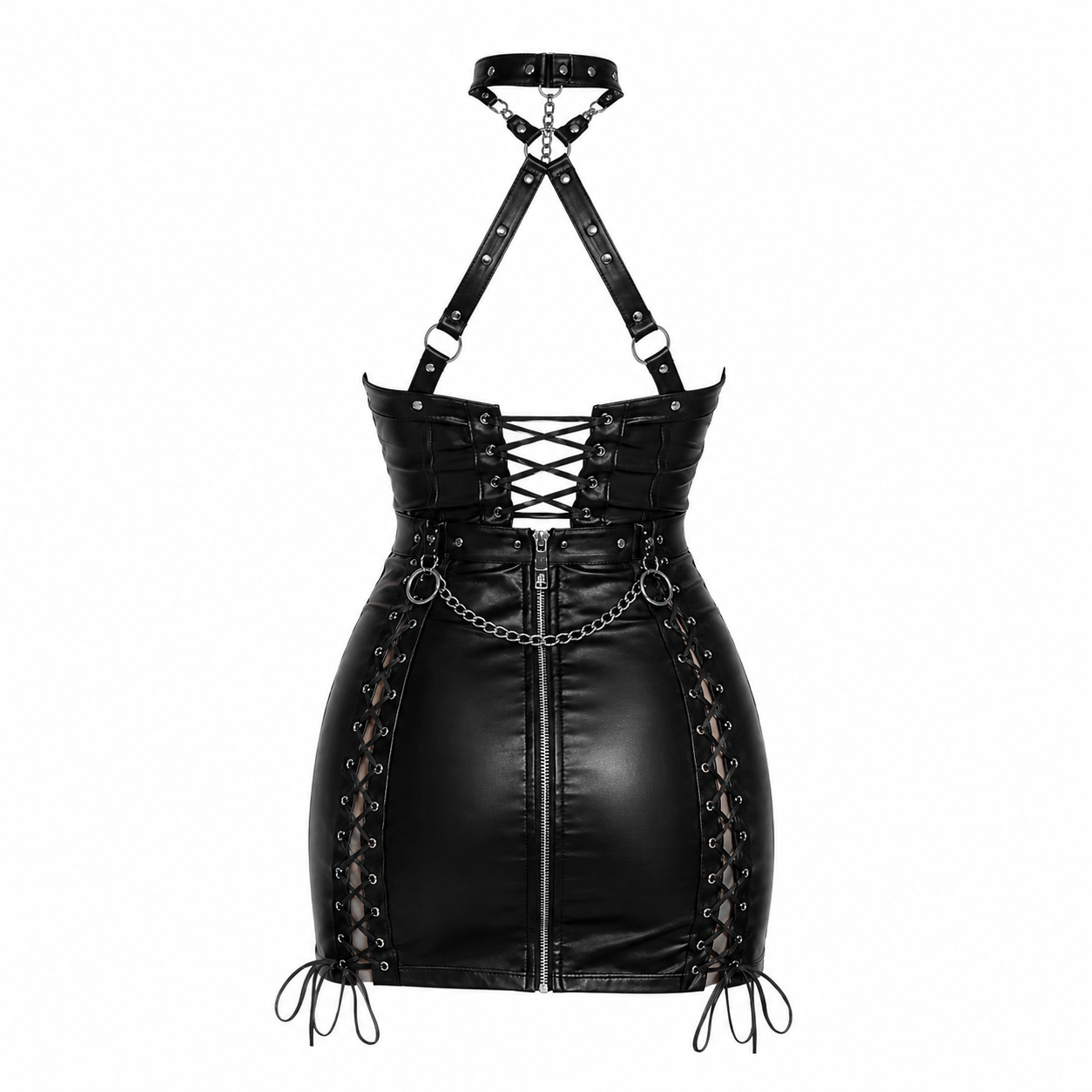 Women's Faux Leather Corset Mini Dress Gothic Punk Clubwear Lace-Up Zip