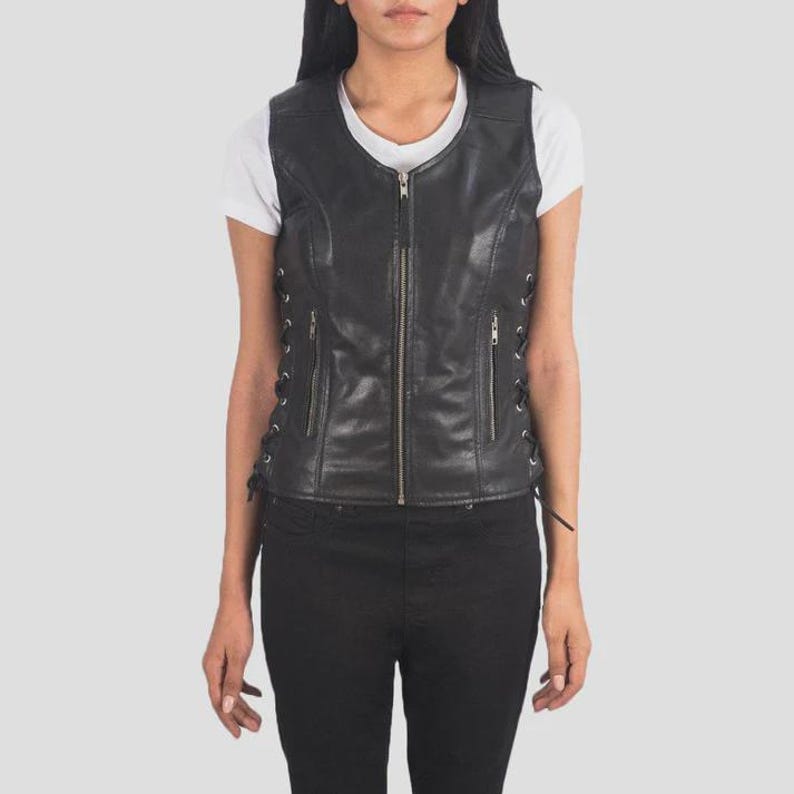 Women’s Black Genuine Leather Biker Vest, Lace Up Sides Slim Fit Vest