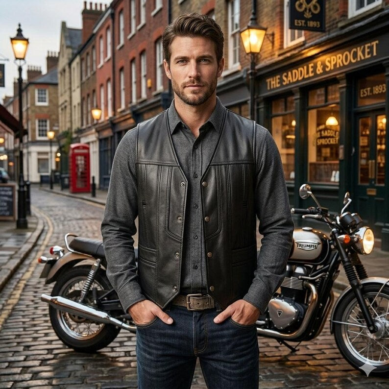 Men's Black Leather Vest Motorcycle Biker Snap Front Classic Slim Fit Sleeveless Waistcoat Vest