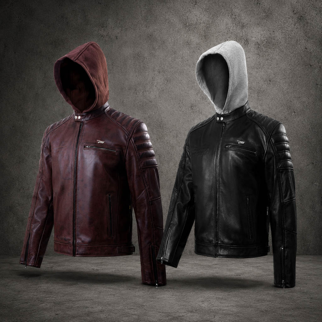 JACK- Men Leather Motorcycle Jacket Cowhide Cafe Racer Armor Riding Hooded Jacket