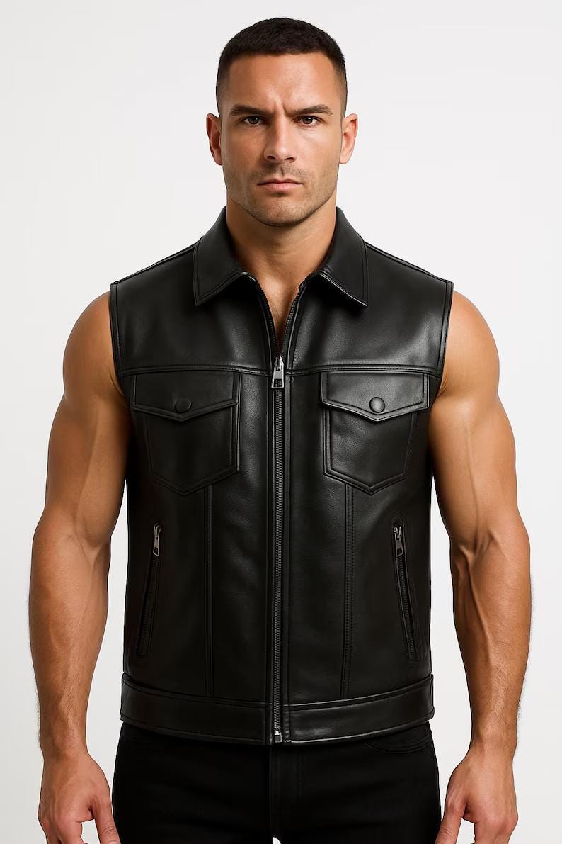 Men's Black Real Leather Vest Motorcycle Biker Zipper Slim Fit Sleeveless Vest