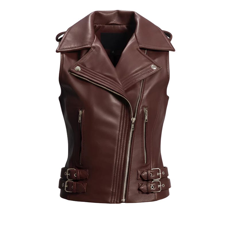 Women’s Maroon Leather Biker Vest Slim Fit Asymmetrical Zipper Moto Style
