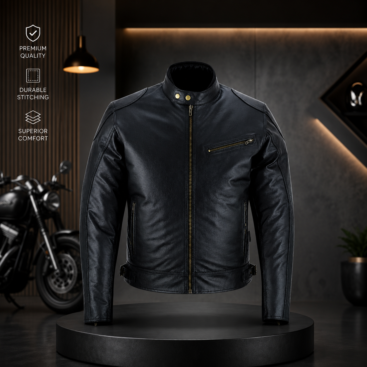 Mens Cafe Racer Leather Jacket Vintage Padded Shoulder Biker Outerwear Jacket