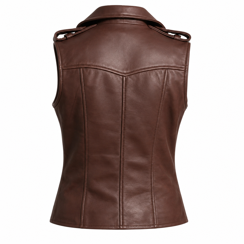 Women’s Maroon Leather Biker Vest Slim Fit Asymmetrical Zipper Moto Style