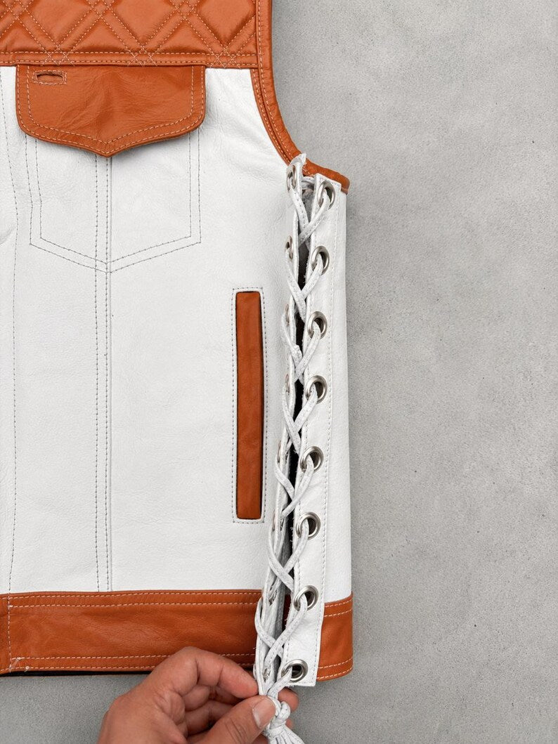 Men Leather Denim Motorcycle Vest Diamond Quilted White Brown Biker Riding Vest