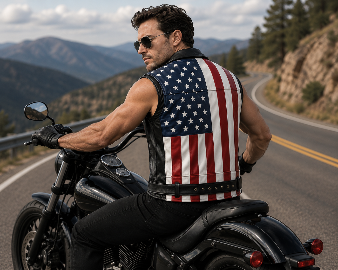 Men Genuine Leather USA Flag Vest Biker Motorcycle Belted Vest