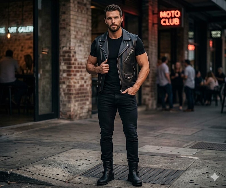 Men's Black Genuine Leather Biker Vest