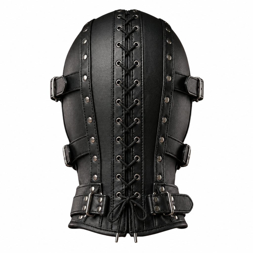 Premium Black Leather Hood Mask with Removable Eye Shield & Adjustable Face Cover