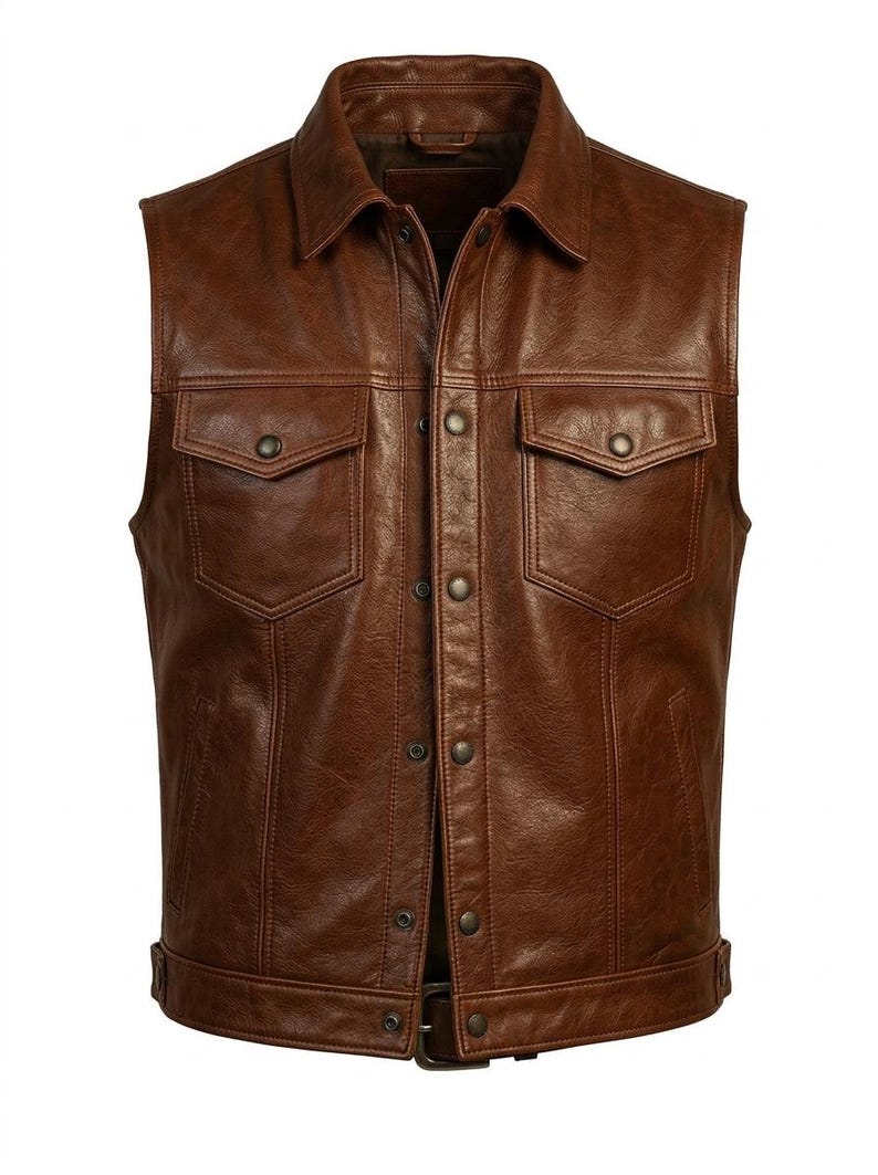 Men's Brown Leather Vest Western Cowboy Style Motorcycle Biker Slim Fit Waistcoat Vest