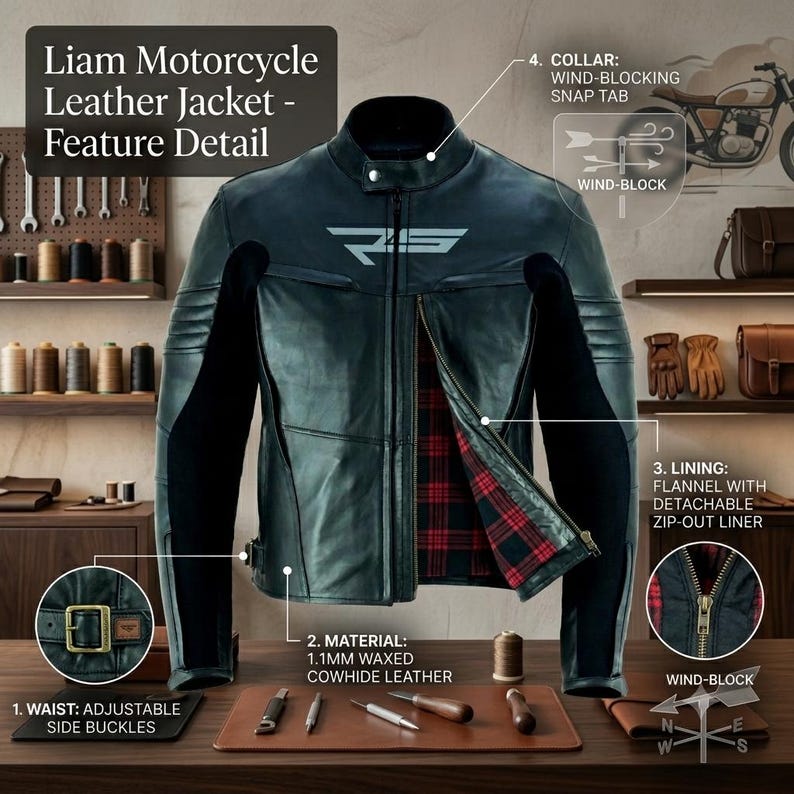 Liam-Men Cafe Racer Leather Motorcycle Jacket Cowhide Biker Riding Safety Gear