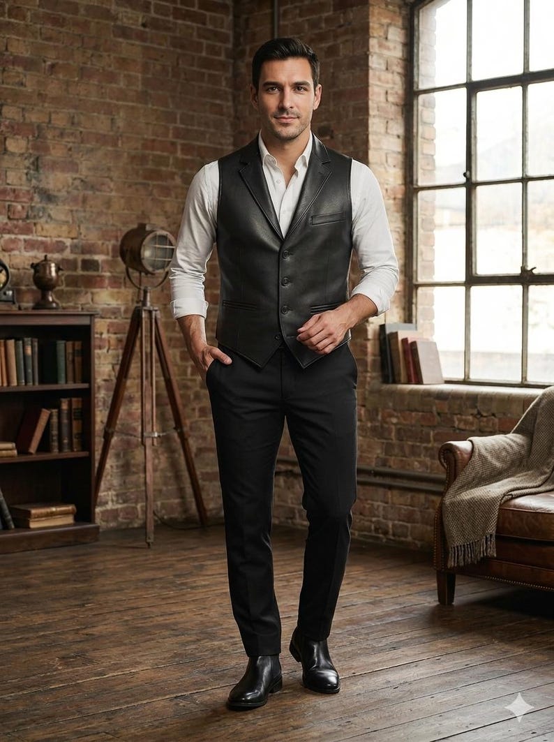 Handmade Men's Black Leather Vest Formal Waistcoat Slim Fit Classic Elegant Vest